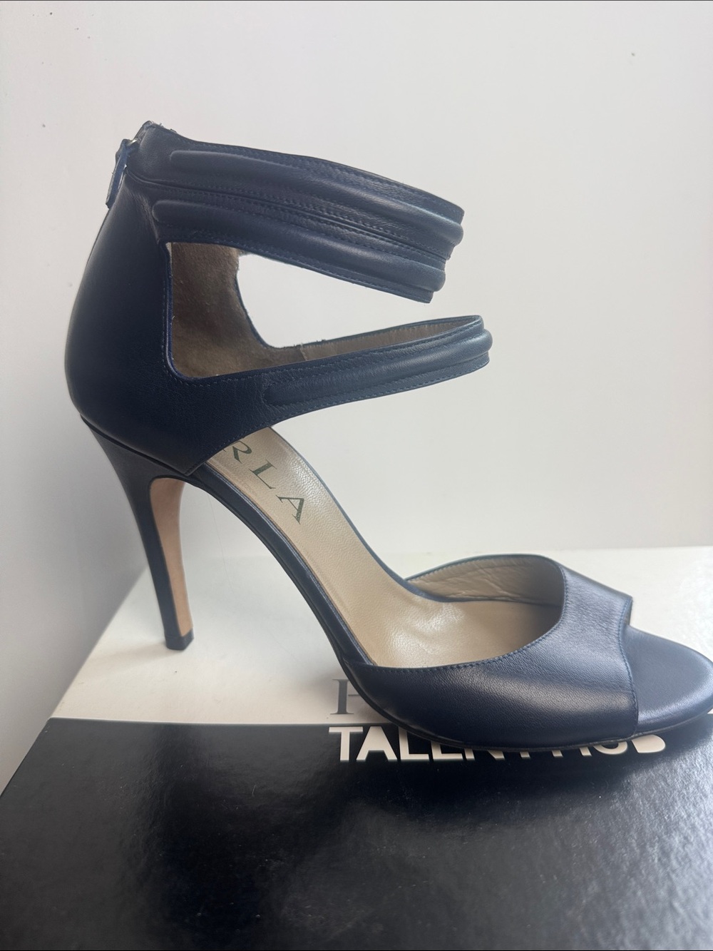 Furla- Dora Spuntata Rilie navy blue Leather Ankle-Strap High Heel Sandals